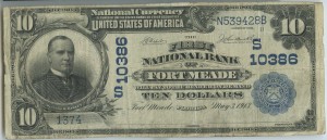 The First National Bank of Fort Meade. 1902 $10 Date Back Charter #10386 Signed by L.L. Bean, Cash. & W.E. Arthur, Pres