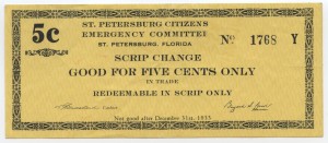 1933 St. Petersburg Citizens Emergency Committee 5 Cent Scrip