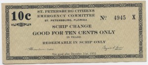 1933 St. Petersburg Citizens Emergency Committee 10 Cent Scrip