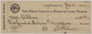 1922 First National Bank of Lake Worth $131.85 Check