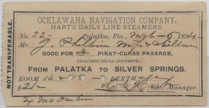1894 Passage Ticket from Palatka to Silver Springs, Florida aboard Hart's Line