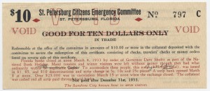 1933 St. Petersburg Citizens Emergency Committee $10 Scrip