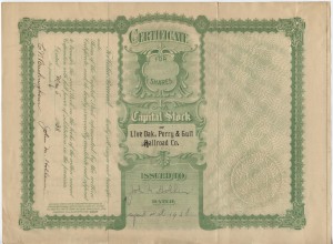 1938 Live Oak, Perry, & Gulf Railroad Company Stock Share. Issued to John M. Hollern 