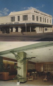 First national Bank Postcard depicting the exterior and interior of the bank