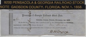 1858 Pensacola $200 Railroad Stock Gadsden County, FL.