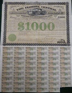1877 The Florida Central Railroad Company  $1000 Bond