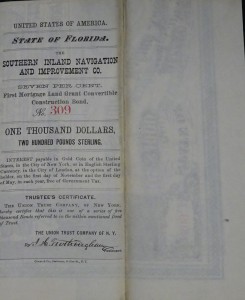 1871 State of Florida Bond, $1000 or 200 Pounds Sterling. The Southern Inland Navigation & Improvement Company's
