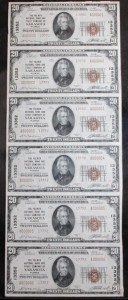 1929 Uncut Sheet of (6) $20 Type 2 Notes Charter #13352