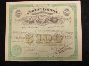 State of Florida $100 Bond issued by the United States of America Interest Payable Semi Annually in American Gold Coin