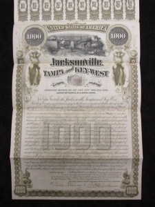 Jacksonville, Tampa, and Key West Railway Co. 50 Year Gold Bond $1,000 Principal Due