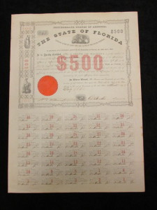The State of Florida $500 Bond issued by the Confederate States of America dated July 1861. Signed by Austin, Treasurer