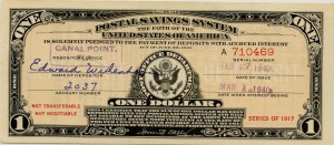 1940 Canal Point $1 Deposit Certificate Postal Savings System Series 1917