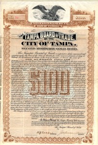 City of Tampa Board of Trade $100 Bond Signed by Secretary H.J. Cooper and J.H. Fessenden, President.
