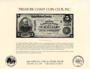 Official Souvenir Card of the 26th Annual Coin & Stamp Show Vero Beach, FL. 1990
