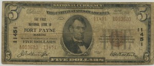 The First National Bank In Fort Payne Alabama. 1929 Type 2 $5 Note. Charter #11451