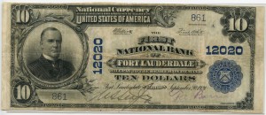 The First National Bank of Fort Lauderdale. 1902 Plain Back $10 Note ONLY 2 KNOWN Charter #12020