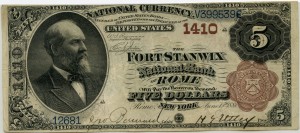 The Fort Stanwix National Bank of Rome. 1882 Brown Back $5 Note Charter #1410
