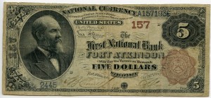 The First National Bank of Fort Atkinson. 1882 Brown Back $5 Note Charter #157