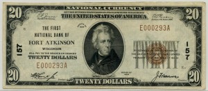 The First National Bank of Fort Atkinson. 1929 Type 1 $20 Note Charter #157